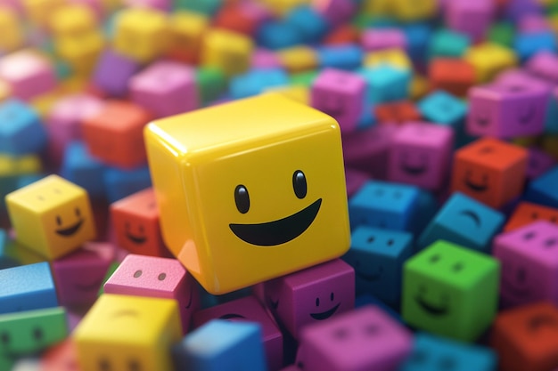 a yellow block with a smiley face is on top of some cubes