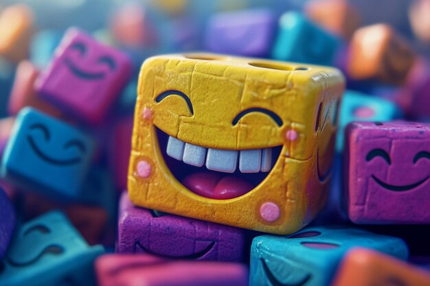 Photo a yellow block with a smiley face on it is surrounded by colorful blocks