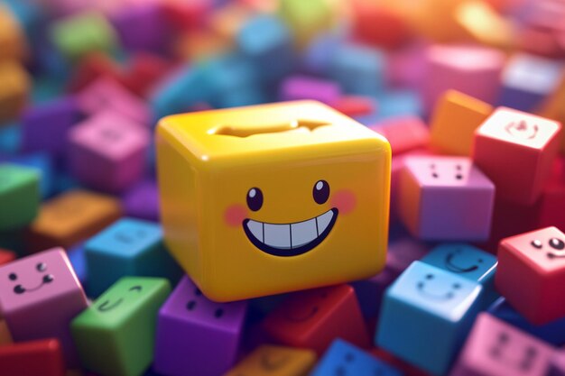 a yellow block with a smiley face on it sits on a colorful surface