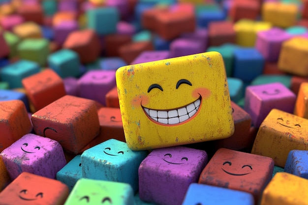 a yellow block with smiley faces sits in a pile of purple cubes