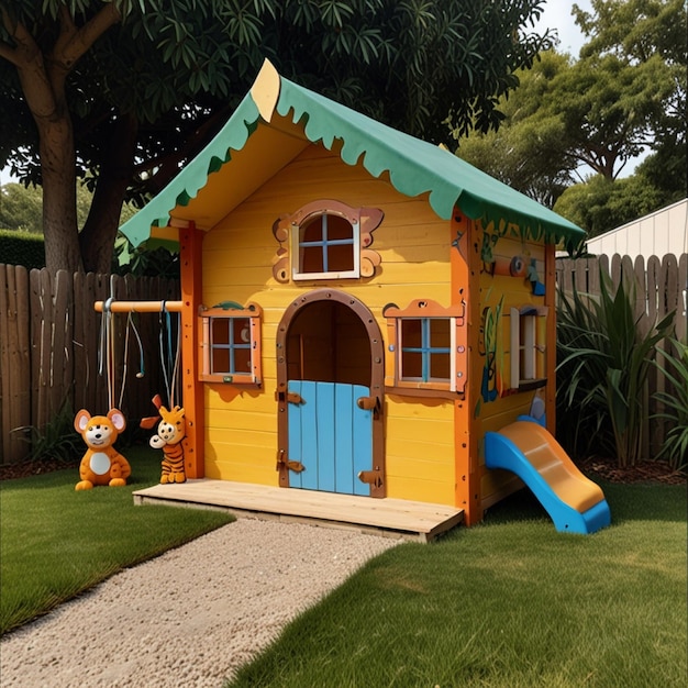 Photo a yellow and blue house with a blue slide on the front