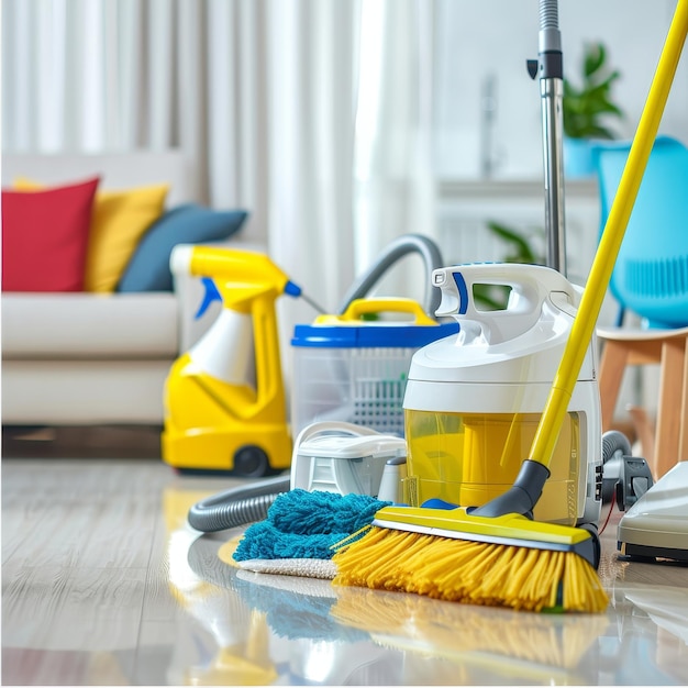 a yellow and blue mop is on the floor next to a yellow mop