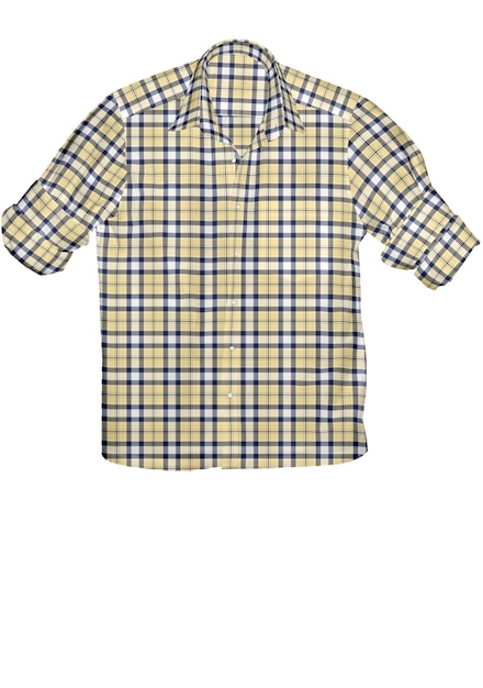 A yellow and blue plaid shirt with a white background