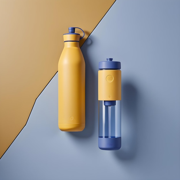 yellow and blue plastic water bottle mockup