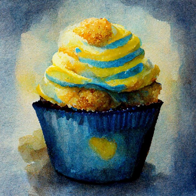 Yellow and blue watercolor cupcake decorated with fruits Delicious vanilla cake with cream