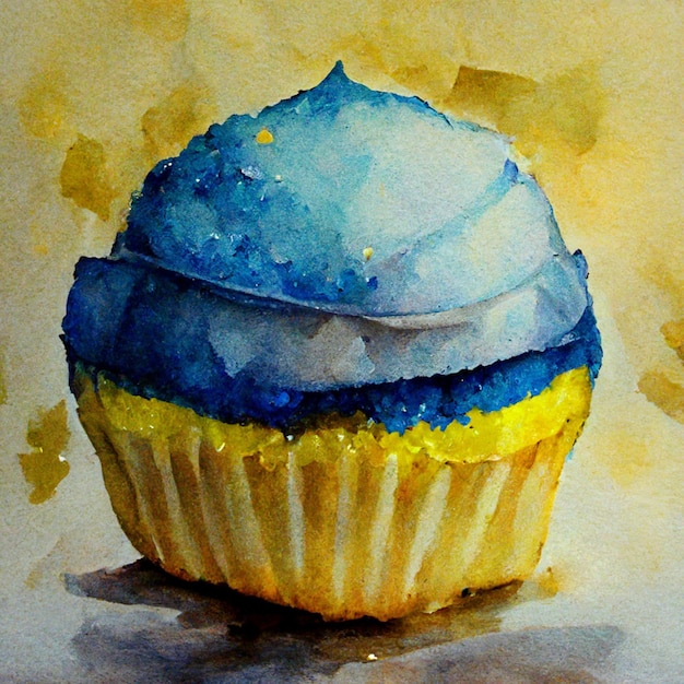 Yellow and blue watercolor cupcake Delicious vanilla cake with cream