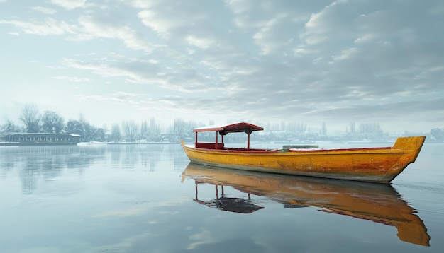 a yellow boat with a red roof sits on the water