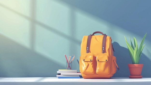 a yellow book bag with a brown handle sits on a table next to a book