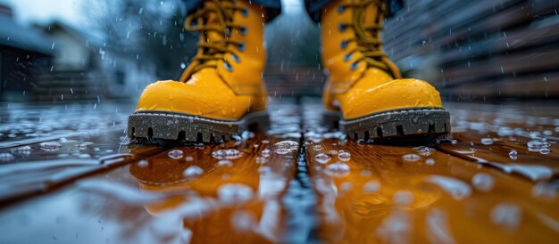 Yellow Boots on a Wet Wooden Deck