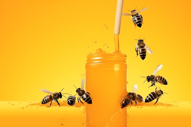 A yellow bottle of honey with bees on it