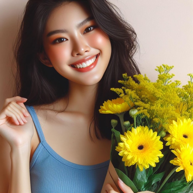 Yellow bouquet of flowers and a happy woman asia in a blue tank top