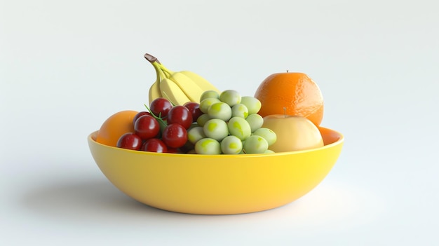 A yellow bowl of fresh fruit including grapes oranges cherries and a banana