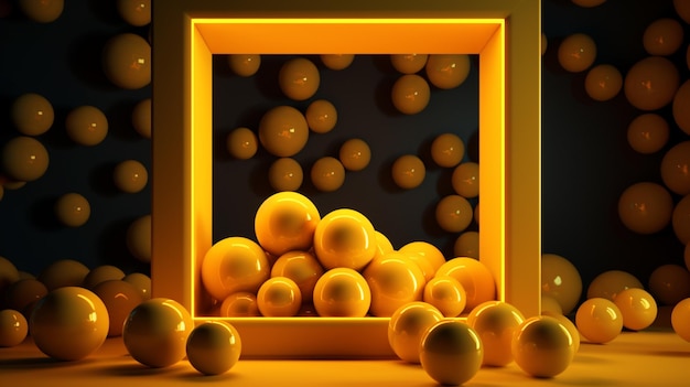 A yellow box with many balls in it and the word orange on it