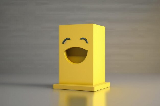 A yellow box with a smiley face is sitting on a table.