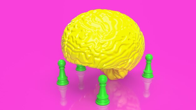 The yellow brain and green chess on pink background 3d rendering