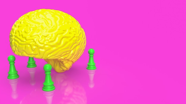 The yellow brain and green chess on pink background 3d rendering