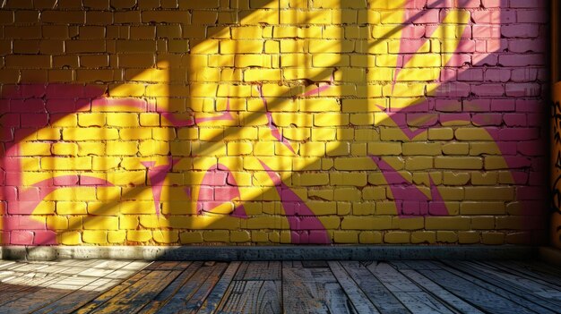 Photo a yellow brick wall with pink paint and a graffiti of a butterfly