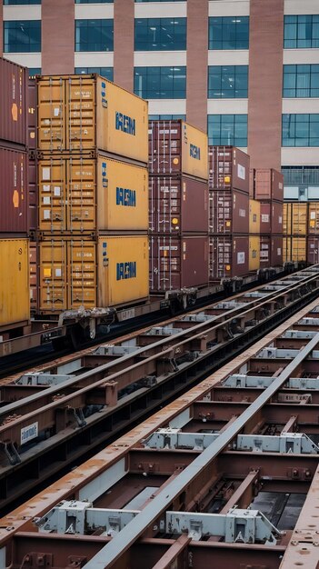 Photo yellow brown contners loaded on long cargo trn platforms