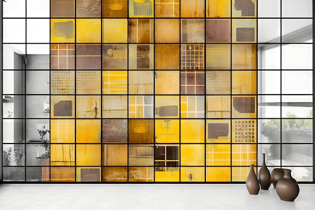 Yellow brown gridded glass wall background with modern art collage created with generative ai