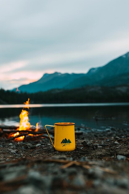 Photo a yellow bucket with a mountain on the side of it