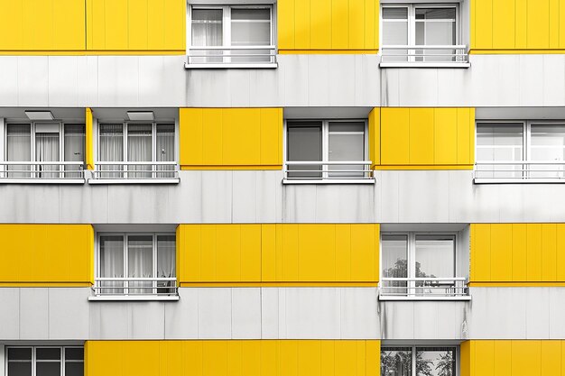 a yellow building with a balcony and a balcony with a white curtain