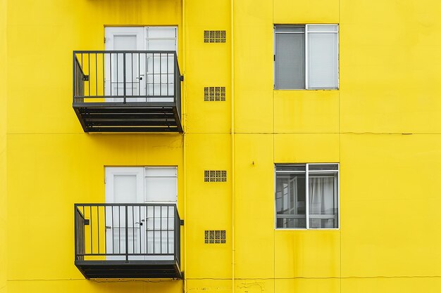 Photo a yellow building with a balcony and a balcony with a white curtain