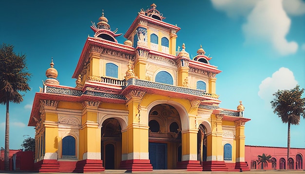 A yellow building with a blue sky in the background