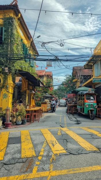 a yellow building with a green and red car on the side of it