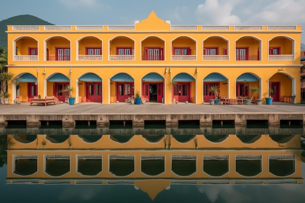 A yellow building with red doors and windows that say the name of the hotel.