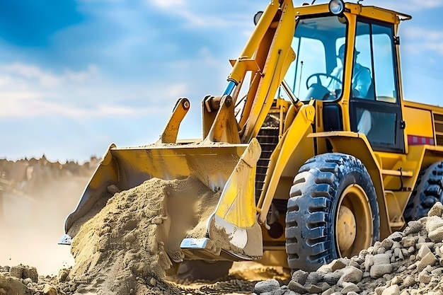 a yellow bulldozer is in the dirt and has a blue sky in the background