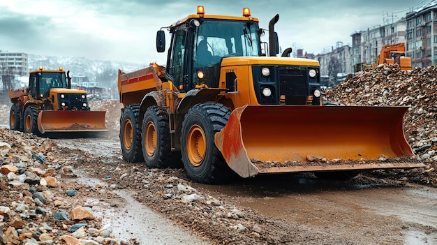 a yellow bulldozer is on a dirt road