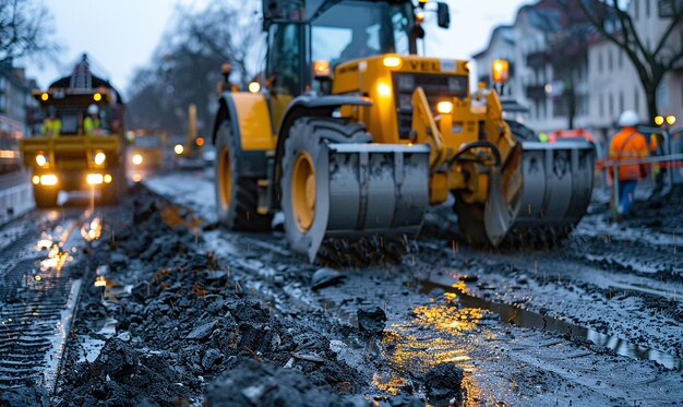 Photo a yellow bulldozer is on the road and it is wet