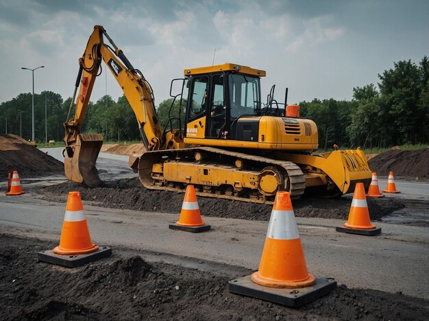 Photo a yellow bulldozer is on the road with orange cones