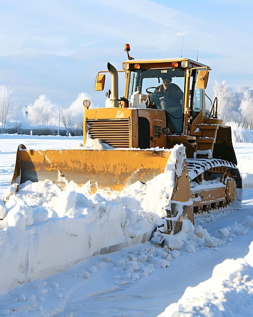 a yellow bulldozer is shoveling snow in a field