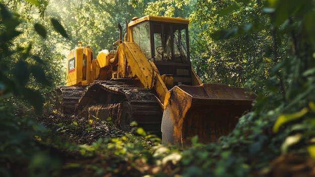 Photo a yellow bulldozer is in the woods with the word  hou  on the side