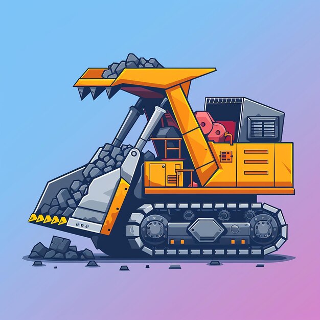 a yellow bulldozer with a blue background and a picture of a bulldozer