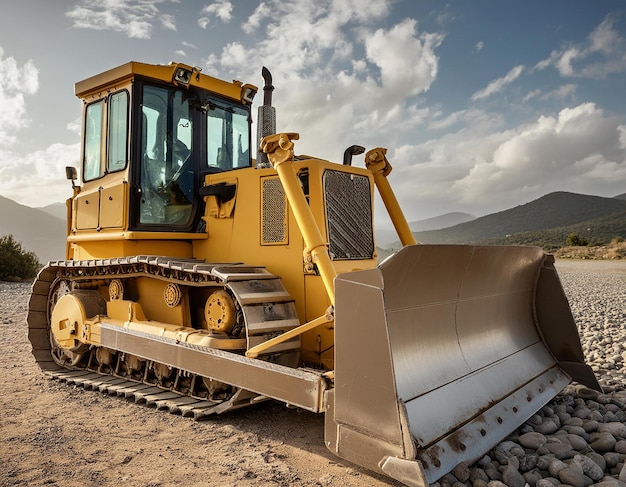 Photo a yellow bulldozer with a large metal object in the background