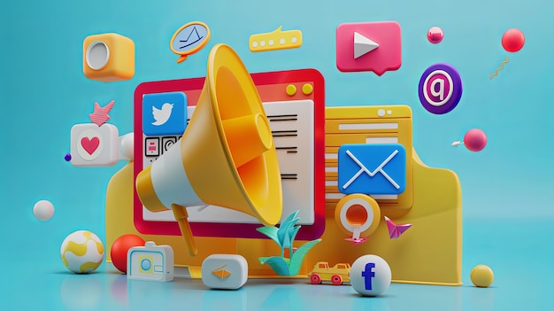 A yellow bullhorn rests on top of a computer screen in a digital marketing 3D render illustration sy