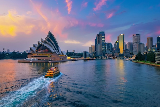 a yellow bus is going down the water in front of a city skyline