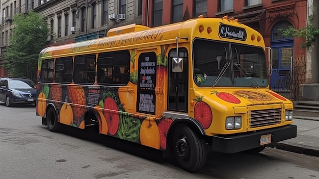 A yellow bus with a fruit painted on the front.