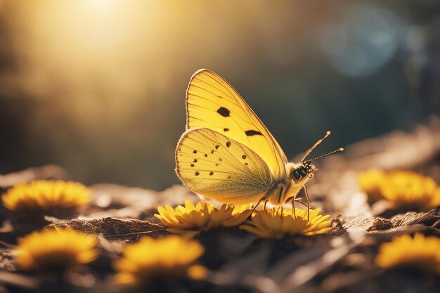 Yellow butterfly Butterfly on yellow wildflowers Selective soft focus AI generated