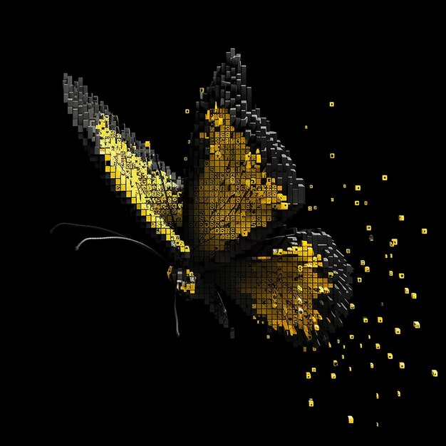 Yellow butterfly crumbles into pixels on a black background unusual wallpaper creative background