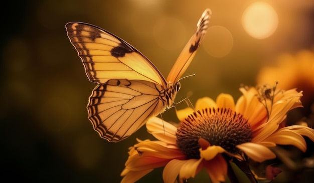 a yellow butterfly is on a flower with the sun shining behind it