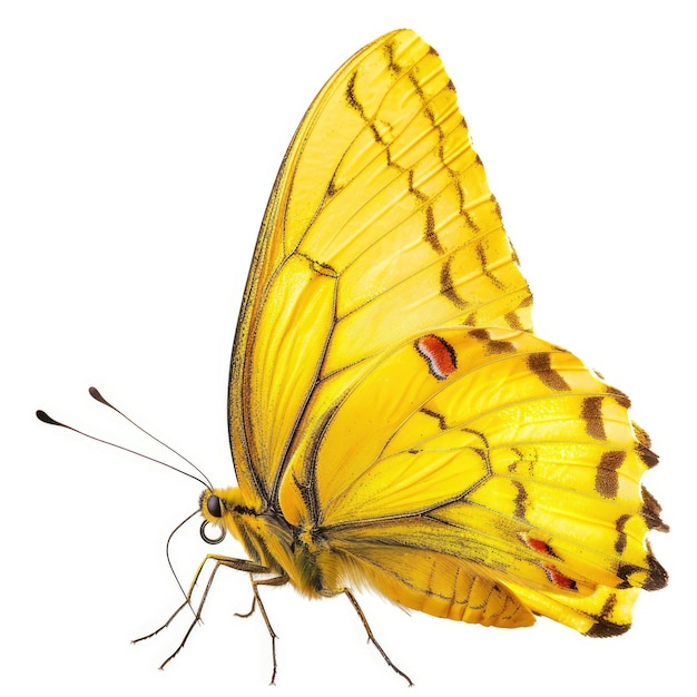 Photo a yellow butterfly with red spots on its wings on white background