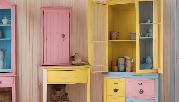 a yellow cabinet with a pink door and a pink cabinet with a door that says  no