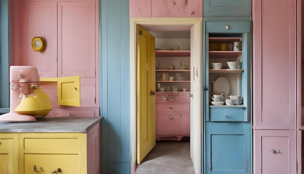 a yellow cabinet with a yellow door open and a yellow door open