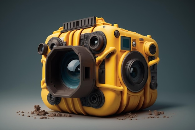 A yellow camera with a black speaker on the top.