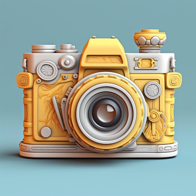 A yellow camera with the word " on it " on a blue background.