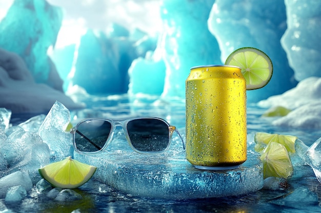 Photo a yellow can of beer with sunglasses and sunglasses on the ice