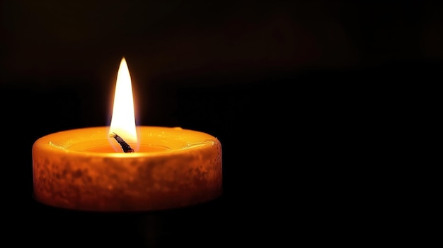 a yellow candle that is lit up in the dark